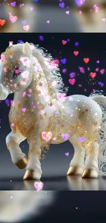 Glittering white horse with heart sparkles on a dark background.