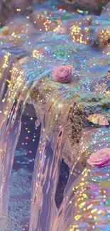 A sparkling fantasy waterfall with vibrant roses and glittering effects.