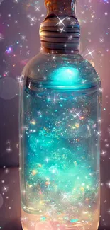 Glowing bottle filled with colorful sparkles and mystical light.