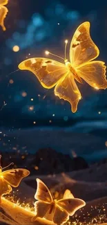 A mesmerizing wallpaper of glowing butterflies at night.