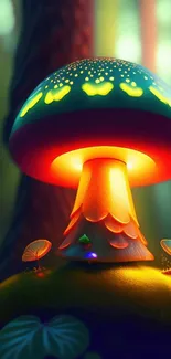 Glowing mushroom in a mystical forest setting, casting vibrant orange light.