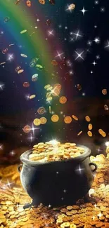 Magical wallpaper with pot of gold, rainbow, and stars.