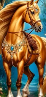 Golden horse in mystical forest wallpaper