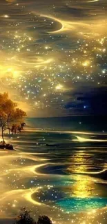 Magical golden night beach with stars and shimmering sea.