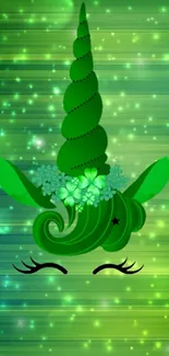 Magical green unicorn wallpaper with sparkles.