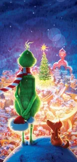 Grinch standing on mountain overlooking Whoville with Christmas lights.