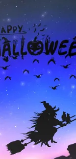 Halloween wallpaper with flying witch and starry sky.