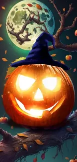 Glowing pumpkin with witch hat under full moon.