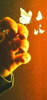 Hand reaching for luminous butterflies in warm golden tones.