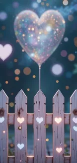 Rustic fence with glowing heart balloon in magical scene.