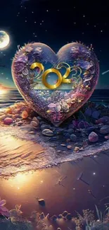 Heart-shaped beach scene with 2023 under a moonlit sky.