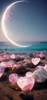 Enchanting beach with heart crystals under crescent moon.