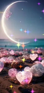 Magical beach with glowing hearts and crescent moon in the night sky.