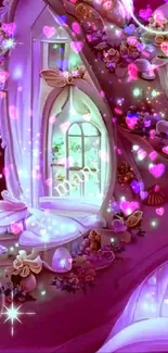 Whimsical cottage with glowing hearts and colorful flowers on a purple background.