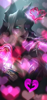 Fantasy character with luminous pink hearts in a mystical art design.