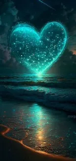 Magical teal heart glows over a calm ocean at night.