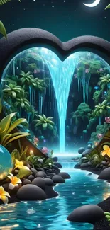 Heart-shaped waterfall in a lush, tropical setting with vibrant colors.