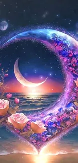 Floral heart crescent with sunset background and cosmic theme.