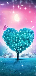 Heart-shaped tree glowing in magical pink landscape.