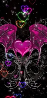 Pink heart with dragon wings on dark background with neon hearts.