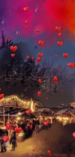 Magical winter scene with hearts and festive Christmas market atmosphere.