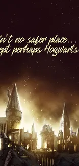 Hogwarts castle glowing golden at night, with mystical ambiance.