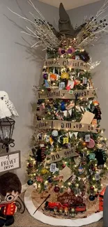 Harry Potter themed Christmas tree with decorated ornaments.