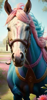 Vibrant horse in a colorful garden setting with pink and blue tones.