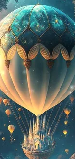 Enchanting hot air balloon carrying a magical castle, set in a twilight sky.