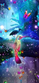 Hummingbird and butterflies in a magical forest with glowing stars.