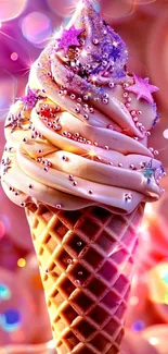 Whimsical ice cream cone with stars and sprinkles.