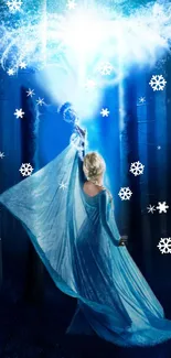 Enchanting snow queen in icy forest with snowflakes.