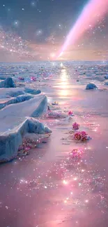 Ethereal ice landscape with shimmering pink hues.