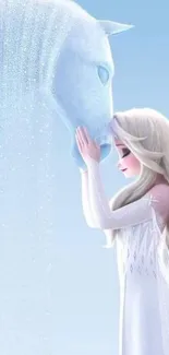 Magical ice princess with a shimmering frost horse, enchanting wallpaper.