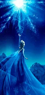 Magical ice queen reaching for the stars in a deep blue fantasy landscape.