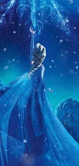 Enchanting ice queen casting magical spells in a snowy landscape.