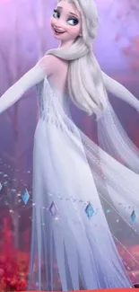 Animated ice queen in a mystical forest background.