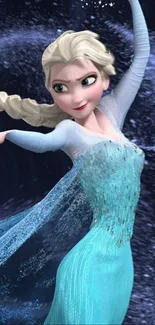 Ice queen from a famous animated movie in a flowing blue dress.