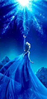 Magical ice queen in a blue winter night sky setting.