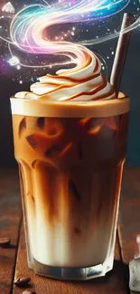Magical iced coffee with a glowing swirl