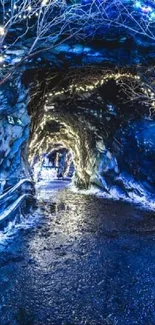 Illuminated cave path with blue lights.