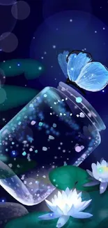 A glowing jar with a blue butterfly and lotus flowers at night.