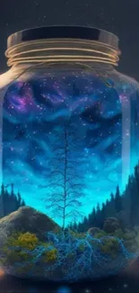 A tree silhouetted inside a jar with a galaxy backdrop.