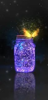 Glowing jar with magical lights in the dark.