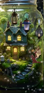 Fantasy jar house with magical glow and mystical creatures.