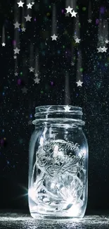 Glowing jar under a starry, dark sky, radiating mystical light.