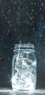 Luminous jar under a starry, cosmic night sky with ethereal lights.