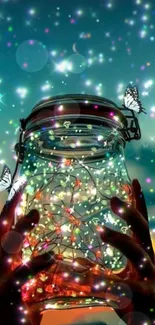 Hands holding a glowing jar with butterflies in a starry sky.