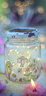 Whimsical jar with fairy lights and colorful flower candles.