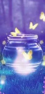 Magical jar with glowing butterflies in a purple forest landscape.